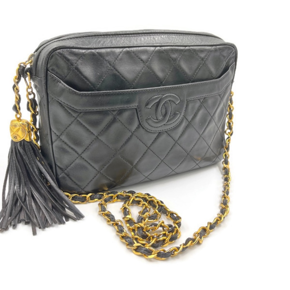 Authentic CHANEL Vintage Lambskin camera Bag with tassel black/gold hardware